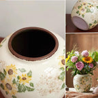 Levvohd Round Pastoral Ceramic Vase, 6.3 Inch Vintage Sunflower Yellow Floral Retro Ice Cracked Rustic Antique Flower Vases for Living Room Home Decor (Large Round)