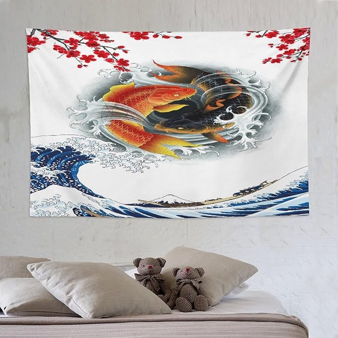 Houselerax Koi Fish Tapestry, Japanese Style Yin Yang Big Wave Cherry Blossoms Tapestries Wall Hanging for Bedroom Living Room Office Decor 90"x60"