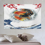 Houselerax Koi Fish Tapestry, Japanese Style Yin Yang Big Wave Cherry Blossoms Tapestries Wall Hanging for Bedroom Living Room Office Decor 90"x60"
