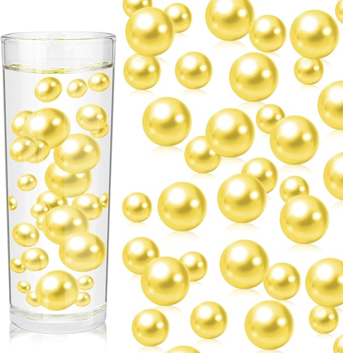 200PCS Yellow Faux Pearls Beads for Centerpiece Vases, Vase Filler Faux Pearls, No Holes Filler Beads for Party Anniversary Birthday Wedding Table Decor, 10/14/20/30mm