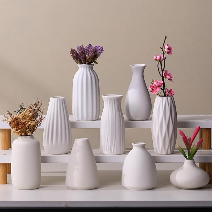 Set of 9 Ceramic Bud Vases for Pampas Grass Flowers, Small Vases in Bulk for Centerpieces Boho Vases for Wedding Decorations Neutral Living Room and Bedroom Decor DIY Gift (White-2)
