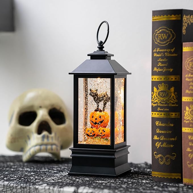 10'' Halloween Snow Globe Lantern Lighted Musical Water Lantern Spooky Pumpkin and Witch' s Black Cat Combo with Swirling Glitter, Battery Operated or USB Powered