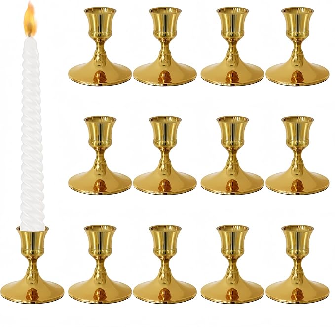 Vintage Gold Taper Candle Holders, Set of 12, Metal Taper Candlestick Holder for Dinner Room Table Centerpiece, Wedding Reception, Festive,Mantel Decoration, Home Decor (Titanium Gold)