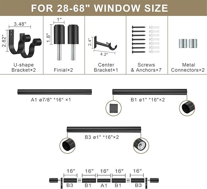 Curtain Rods for 28-68” Windows, Splicing Construction, 1” Adjustable Drapery Rod with Aluminum Alloy Brackets and Finials for Window, Sliding Door, Patio, Living Room Decoration, Matte Black