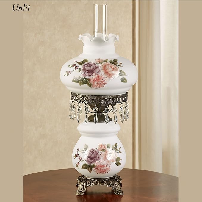 Touch of Class Brook Floral Handpainted Hurricane Table Lamp White Floral Motifs - Metal Base, Glass Shade, Scalloped Edges - Vintage Bedroom Aesthetic - Victorian Style Parlor Lamps for Bedroom
