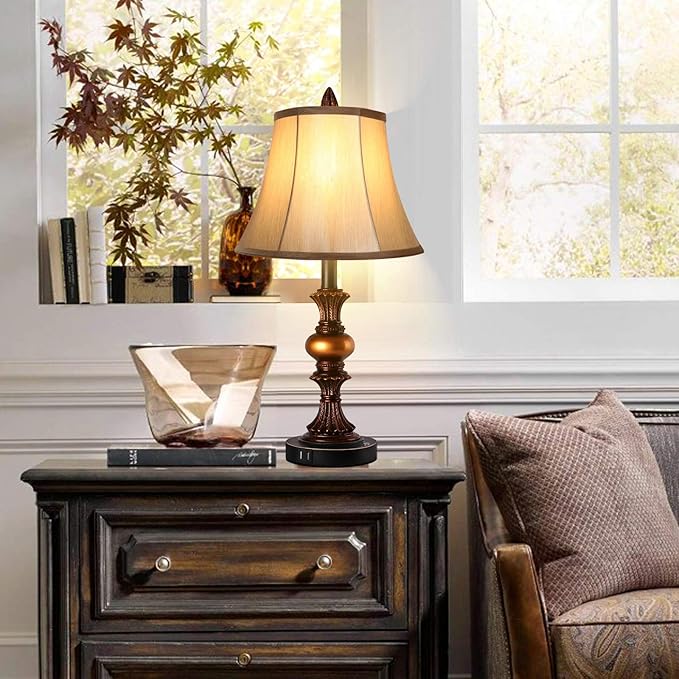 Touch Control Traditional Table Lamp Set of 2, Vintage Bedside Lamps with Dual USB Charging Ports, 3-Way Dimmable Bronze Finish Desk Lamps with Bell Shape Faux Silk Shade for Living Room, Bedroom