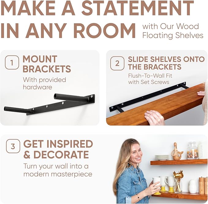 Homeforia Oak Floating Shelves 42 inch Long, High End Solid Real Wood 42inch Floating Shelves for Wall Mounted, Honey Oak Wooden 42in Floating Shelf, Heavy Duty Bracket, 42 X 6.5 X 1.75 in, Set of 3