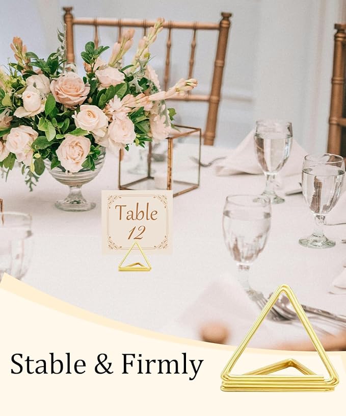 36 Pcs Triangle Table Number Holders - Rust-Resistant Metal Place Card Stands for Weddings, Office & Home Decor(Gold)