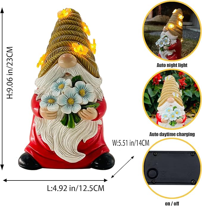 Outdoor Garden Gnomes Statue, Bee Flower Gnome Sculpture, with Solar LED Lights for Yard, Patio, Lawn Ornaments for Garden, Patio Gnome Gifts for Mom