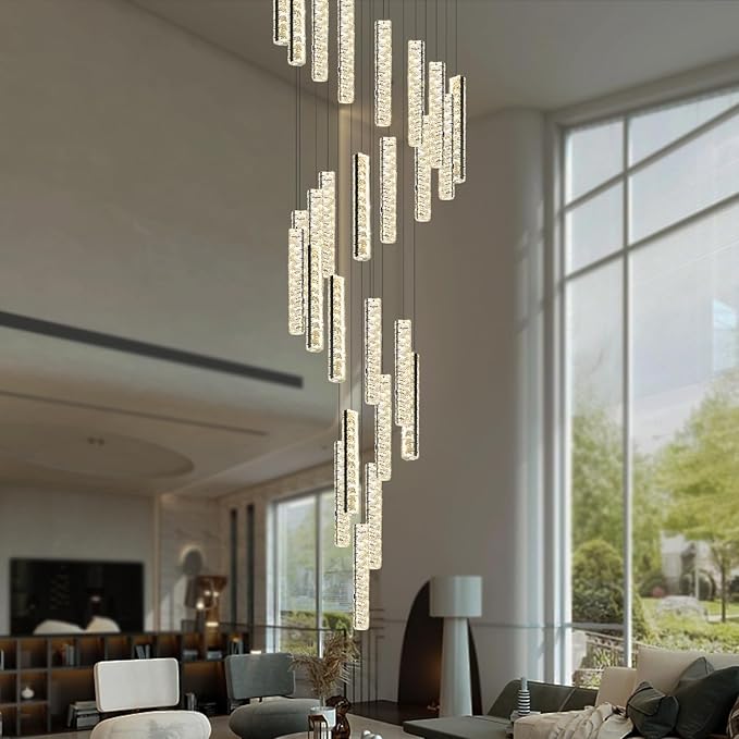 Large Spiral Stair Chandelier High Ceiling Modern LED Dimmable Crystal Chandelier Lighting for Foyer Villa Hallway 25-Light Black