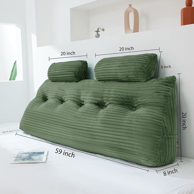 Headboard Wedge Pillow with 2 Pack Neck Roll Pillow Large Headboard Pillow Soft and Supportive with Removable Cover (sage Green, Queen:59x8x20 Inches)