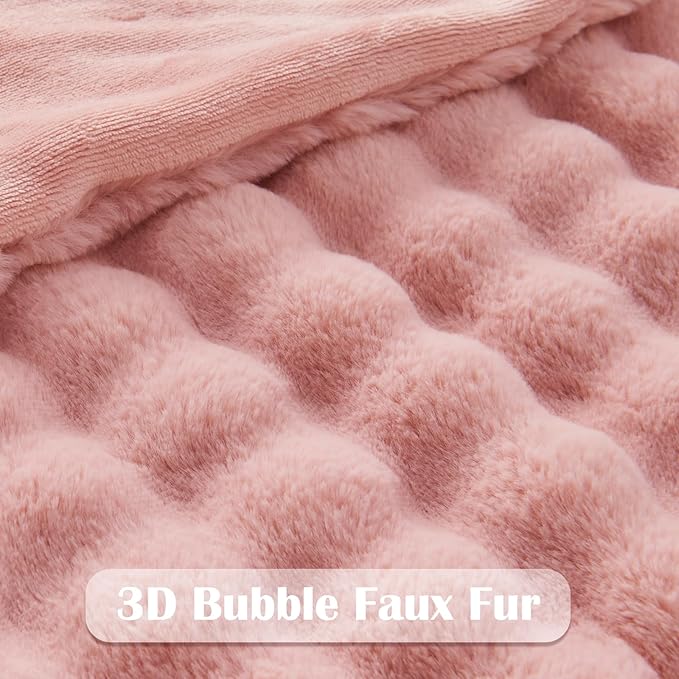NEWCOSPLAY Faux Fur King Blanket Pink Bubble Blanket Thick Warm Soft for Couch Sofa Bed 550GSM (Pink, King(90"x110"))