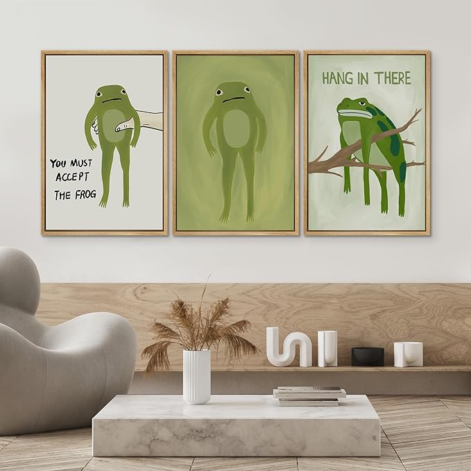SIGNWIN Framed Canvas Print Wall Art Whimsical Frog Humorous Green Frog Photography Modern Art Minimalist Black and White for Living Room, Bedroom, Office - 24"x36"x3 Natural