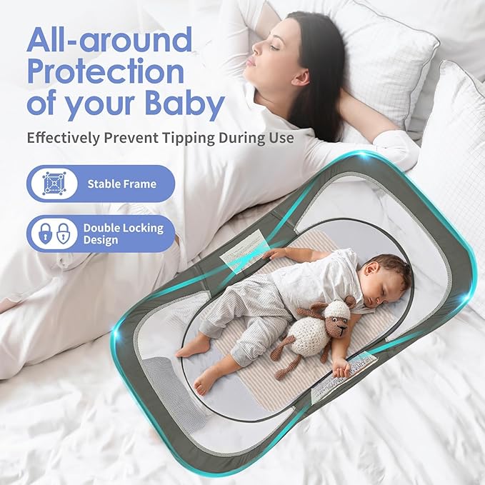 Portable Baby Bassinet Travel Baby Bed, Baby Cribs Travel Pod for Outdoors Baby Lounger Infant Travel Bed with Mosquito Net and Sunshade Canopy, Lightweight Washable