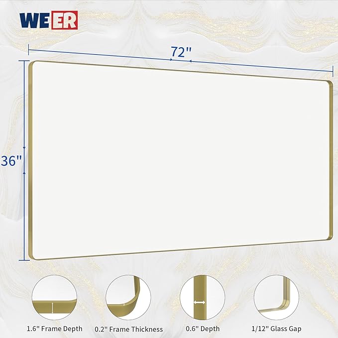 WEER Gold Bathroom Mirror, 72X36 Inch Brushed Gold Metal Frame Mirror, Rounded Rectangle Gold Bathroom Vanity Mirror for Wall, Tempered Glass, Anti-Rust, Hangs Horizontally or Vertically