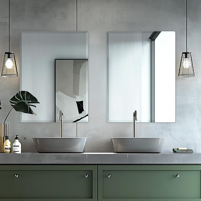Mirrorons Beveled Mirror, Wall Mirror 24" x 32", Frameless Rectangle Bathroom Mirror with Beveled Edge, Hangs Horizontally or Vertically. Rounded Corner Tempered