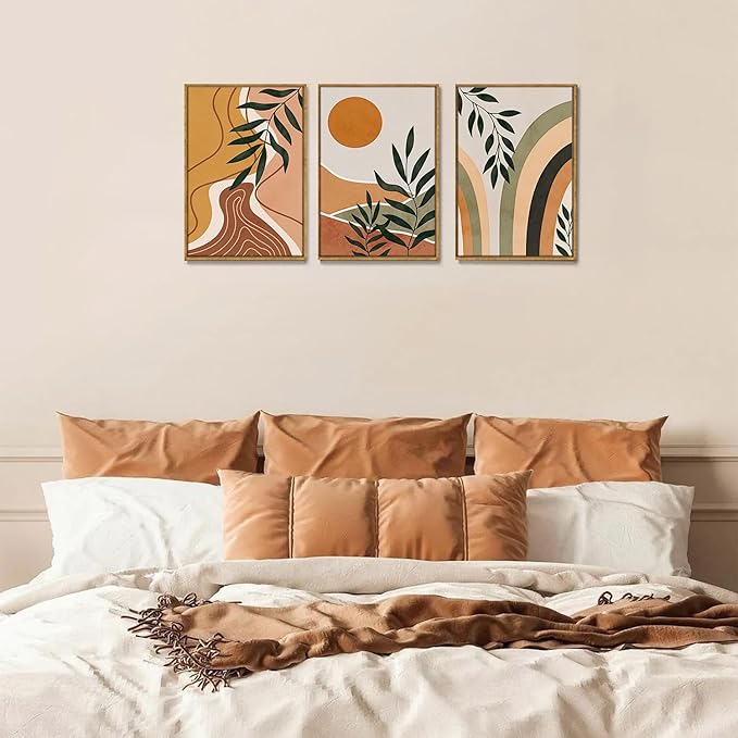 Bwodke Boho Wall Art, Framed Abstract Sun Wall Art, Botanical Canvas Wall Decor, Mid Century Line Leaf Geometric Pictures Set of 3, Minimalist Paintings, for Bedroom Living Room Bathroom 16"x24"