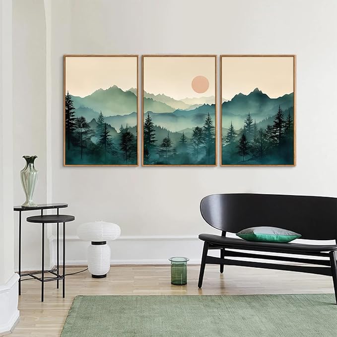 SIGNINART Large Mountain Framed Canvas Wall Art Set, Abstract Misty Forest Wall Decor, Foggy Nature Pine Tree Wall Painting, Modern Boho Sunrise Art Prints for Bedroom Living Room and Office 24"x36"x3