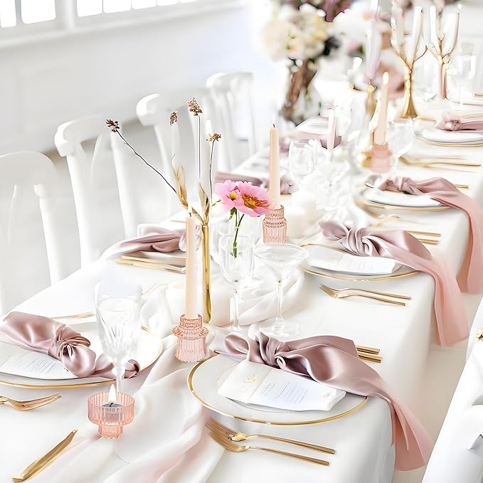 Double Sided Vintage Ribbed Taper Glass Candle Holders,Tea Candle Holder for Table Centerpieces, Wedding Decorations and Dinner Parties (Orange Pink, 6 PCS)