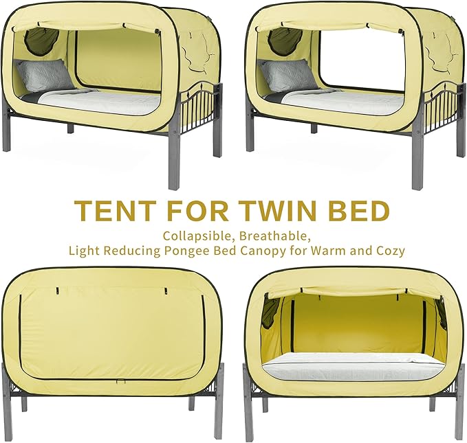 Bed Tent Twin Bed Canopy Portable Dream Tent for Adult Indoor Sleeping Tents with 2 Doors Breathable Private Space Tents, Pale Yellow