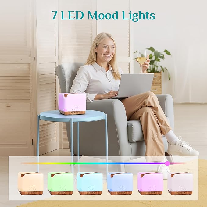 ASAKUKI Essential Oil Diffuser 700ml, Ultrasonic Aromatherapy Humidifier with Top 6 Essential Oils Set, 7 LED Colors, Timer & Auto-Off, Large Room Diffuser