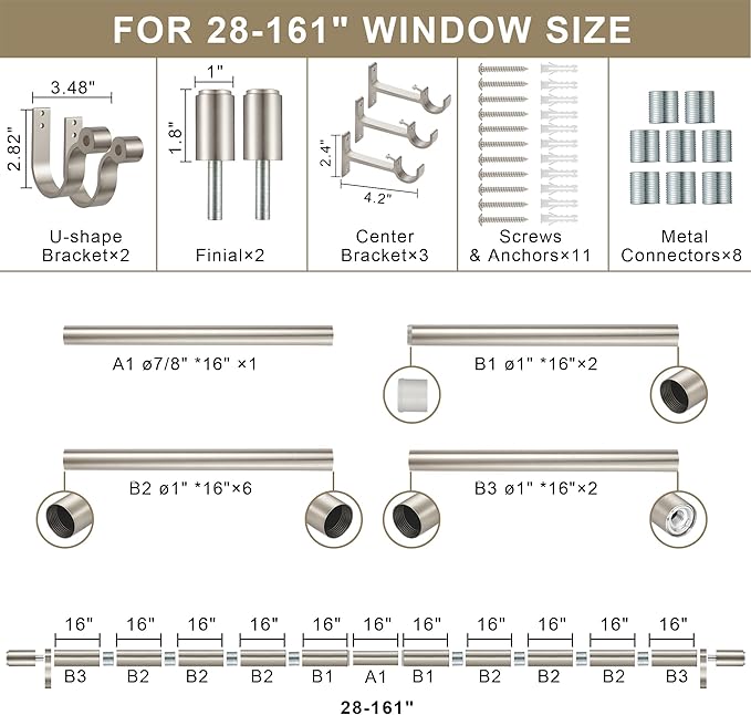 Curtain Rods for 28-130” Windows, Splicing Construction, 1” Adjustable Drapery Rod with Aluminum Alloy Brackets and Finials for Window, Sliding Door, Patio, Living Room Decoration, Brushed Nickel