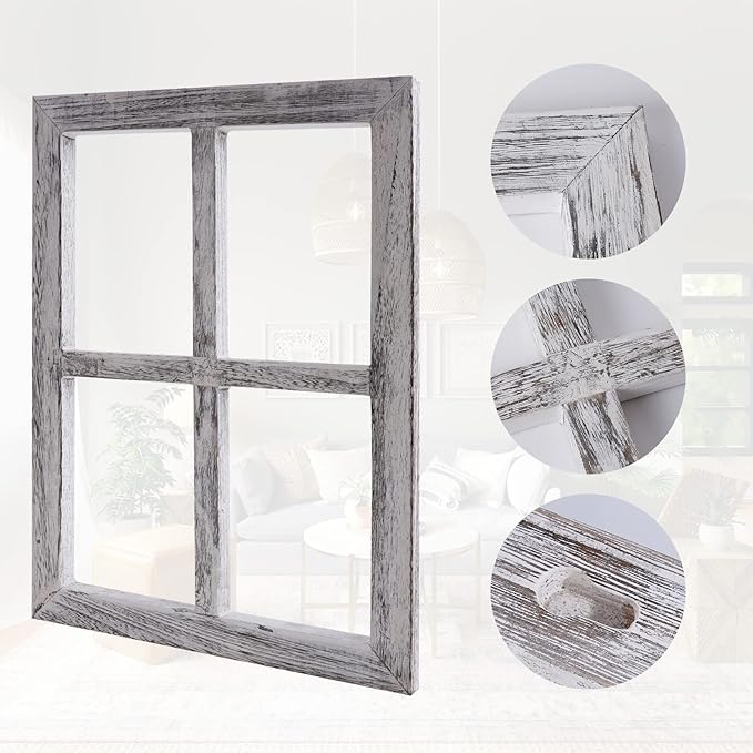 Rustic Wood Window Frame with Green Wreath and Arrows Wall Decor，Farmhouse Window Frame Hanging Decor, Wooden Fake Decoration,Window Pane Wall Decor,Set of 2 (White)