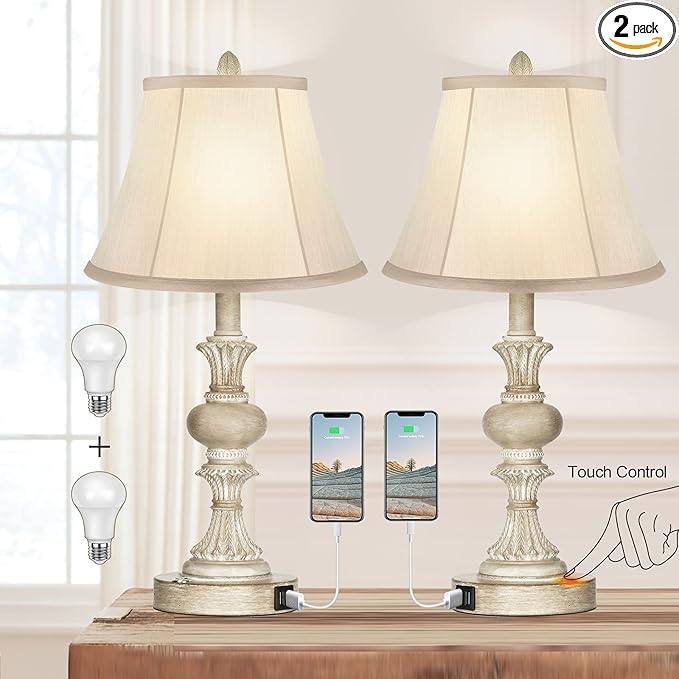 PARTPHONER Touch Control Table Lamp Set of 2, 3-Way Dimmable Bedside Nightstand Lamp with 2 USB Charging Ports, Rustic Farmhouse Desk Lamp with Faux Silk Shade for Living Room, Bedroom - Washed White