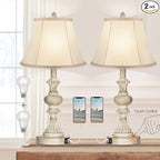 PARTPHONER Touch Control Table Lamp Set of 2, 3-Way Dimmable Bedside Nightstand Lamp with 2 USB Charging Ports, Rustic Farmhouse Desk Lamp with Faux Silk Shade for Living Room, Bedroom - Washed White