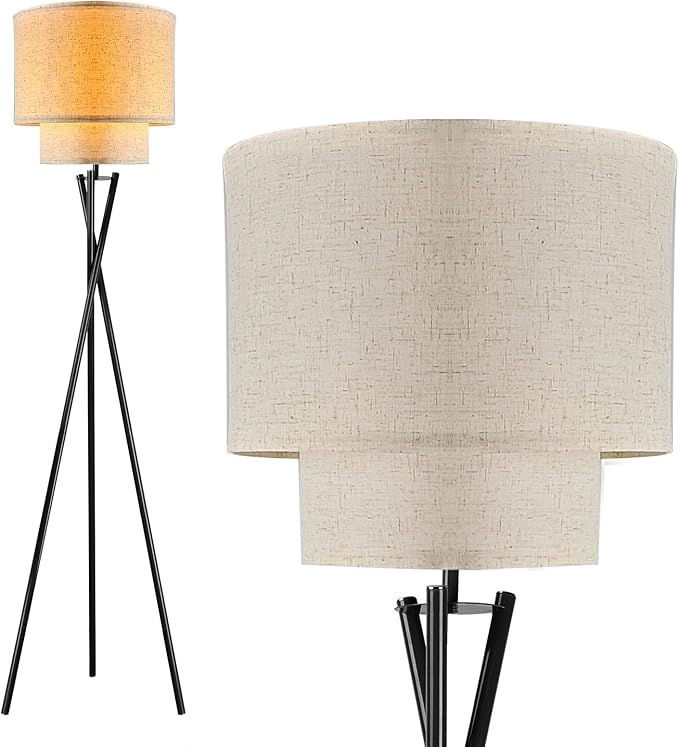 Lightdot Black Tripod Floor Lamp, Modern Floor Lamps for Living Room, Standing Lamp with Dual Drum, E26 Bulb Included, 67.7" Tall Floor Lamp for Bedroom, Home Office
