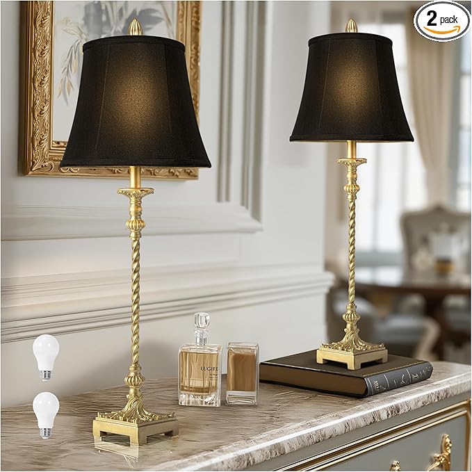 33'' Tall Vintage Table Lamp Set of 2, Candle Stick Buffet Lamps with Gold Leaf Finish and Black Linen Shades, 3-Way Dimmable Bulbs Included, Nightstand Lamps for Living Room Bedroom Dinning Entryway