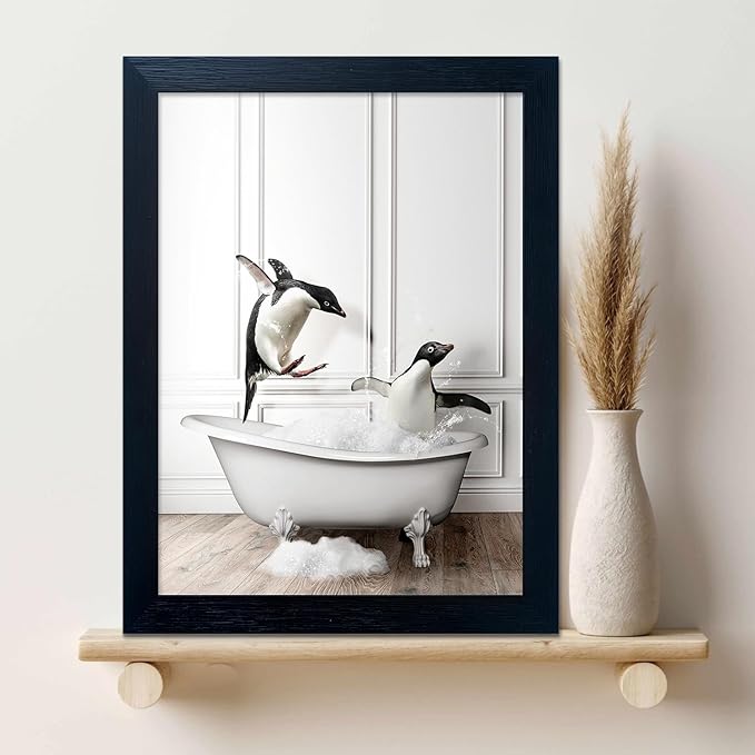 Kids Bathroom Wall Decor Funny Bathroom Wall Art Black and White Wall Decor Cute Penguins in Bathtub Canvas Print Painting Framed Farmhouse Animal Artwork