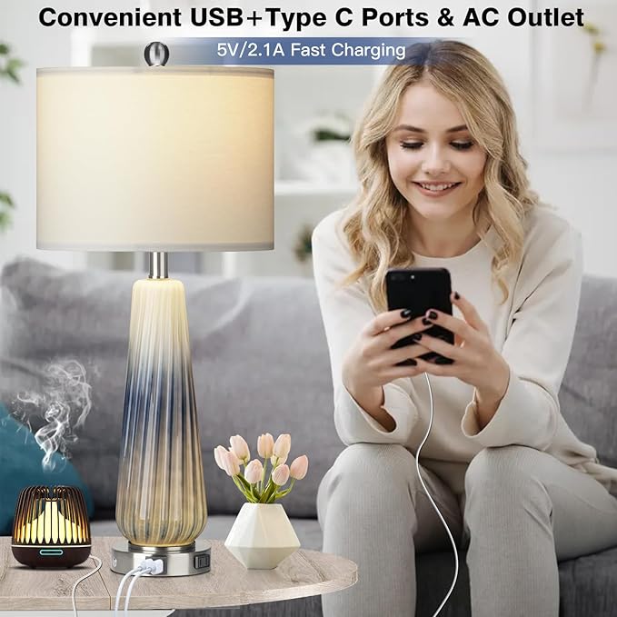 28" Glass Table Lamp Set of 2, Modern Table Lamps with USB A+C Ports & AC Outlet, Touch Control Bedside Nightstand Lamp with LED Night Light & White Fabric Shade for Living Room Blue(4 Bulbs Included)