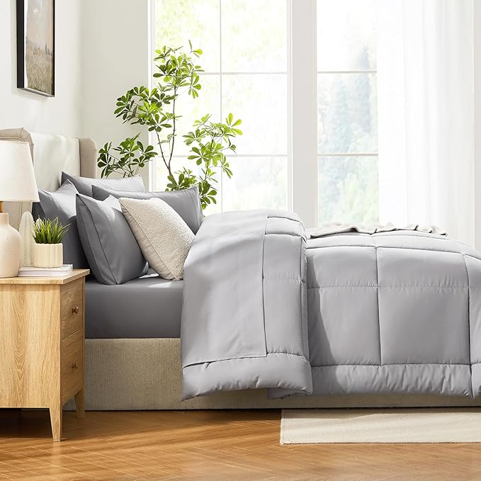 CozyLux Queen Comforter Set Grey, 7 Pieces Bed in a Bag, Gray Comforter Queen Size, All Season Bedding Sets with Stitch Quilted Comforter, Flat Sheet, Fitted Sheet, Pillowcases