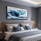 PHAOHUAXM Blue Wave lPaintings Wall Art For Living Room Wall Decor For Bedroom Ocean Inspiration Wall Pictures Office Decor Posters Modern Printing Canvas Artwork Home Decor Black Framed 20x40 In