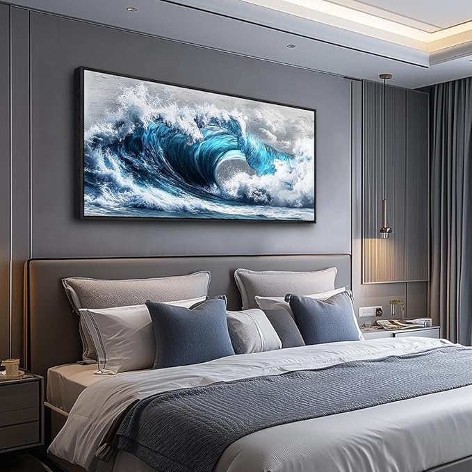 PHAOHUAXM Blue Wave lPaintings Wall Art For Living Room Wall Decor For Bedroom Ocean Inspiration Wall Pictures Office Decor Posters Modern Printing Canvas Artwork Home Decor Black Framed 20x40 In