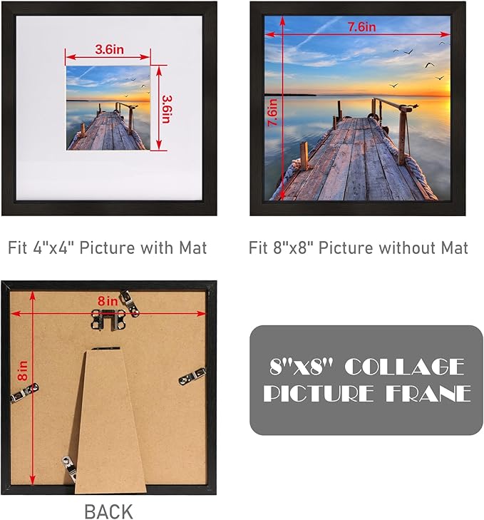 8x8 Picture Frames with Real Glass, Black Wooden Square Photo frame Set of 3, Displays 4x4 Picture With Mat or 8x8 Without Mat, Desktop & Wall Collage Frame set