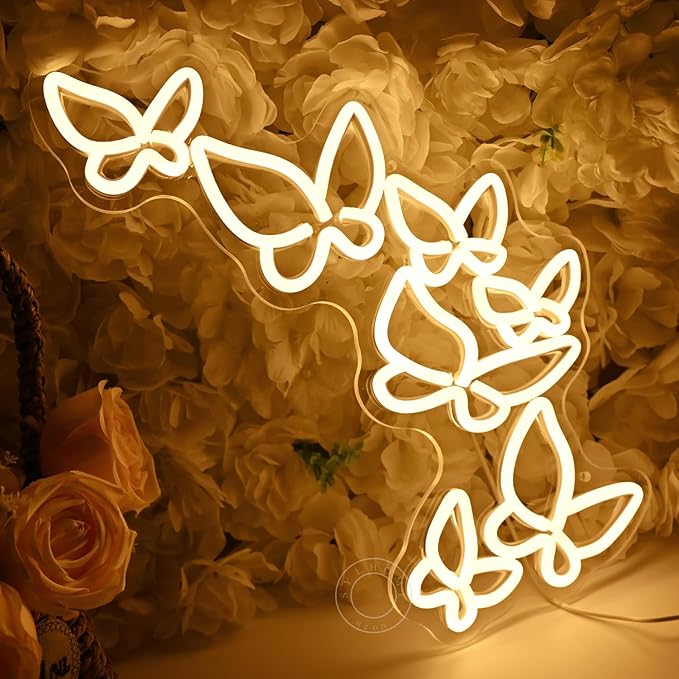 SYLHOME Butterfly Led Neon Light Sign Girls Kids Bedroom Girls Room Beauty Studio Living Room Wedding Birthday Party Light Up Sign 16.5" X 8.9" USB Warm White