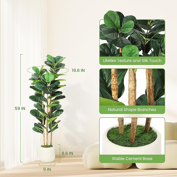 GarveeHome 5 ft Faux Fiddle Leaf Fig Tree with White Pot, Faux Trees with Artificial Plants 56 Fiddle Leaves Greenery - Lifelike Fake Tree for Home Office Store Room Decor Indoor Outdoor