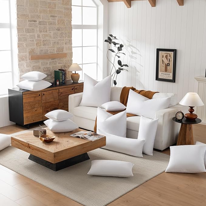 16x16 Decorative Throw Pillow Inserts-Down Feather Pillow Inserts-Square-Cotton Fabric-Set of 2-White.