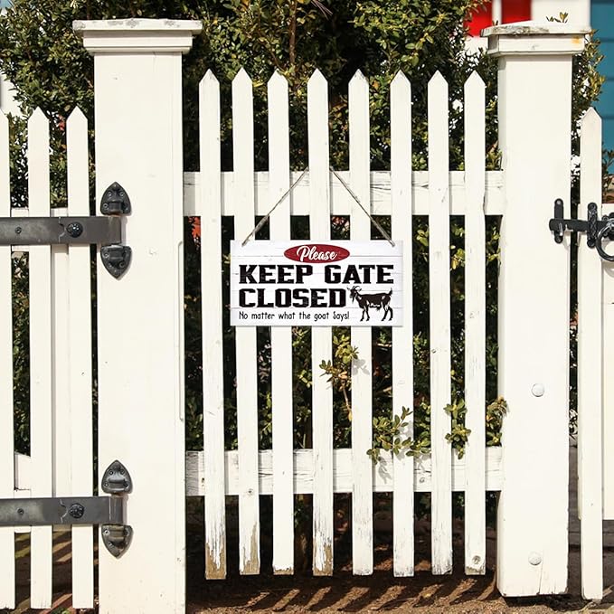 Warning Signs, Keep Gate Closed Goat Sign, Decorative Wood Hanging Wood Plaque, Warning Animal Goat Sign, Funny Novelty Caution Goat Sign for Farm Fence Decor, Farmhouse Home Decor, Gate Sign