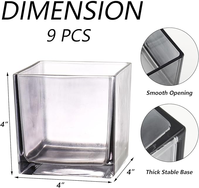 Square Glass Vases Set of 9, 4"x 4"x 4" Flower Vases for Centerpieces, Grey Glass Vase for Flowers, Small Vase for Wedding, Party, Home Office Decoration