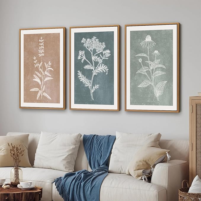 SIGNINART Neutral Botanical Framed Canvas Wall Art Set, Vintage Floral Wall Decor, Boho Minimalist Plant Wall Painting, Art Print for Farmhouse Living Room, Bedroom, Office, Bathroom 16"x24"x3