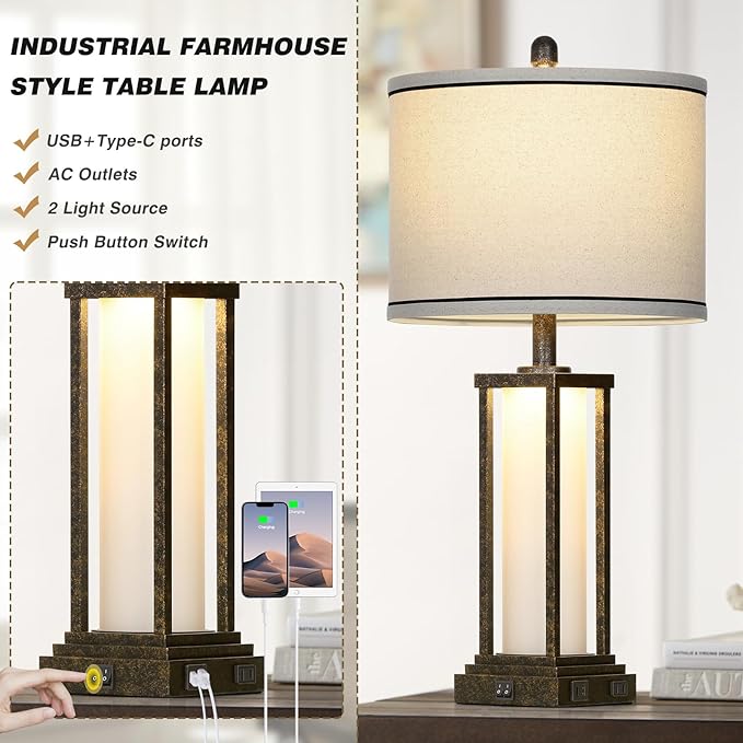 27" Tall Vintage Table Lamp with USB C+A & Outlet,Bronze Industrial End Table Lamp for Living Room,Farmhouse Rustic Bedside Lamp with Frosted Glass Night Light for Bedroom Nightstand,Bronze-1P