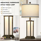 27" Tall Vintage Table Lamp with USB C+A & Outlet,Bronze Industrial End Table Lamp for Living Room,Farmhouse Rustic Bedside Lamp with Frosted Glass Night Light for Bedroom Nightstand,Bronze-1P