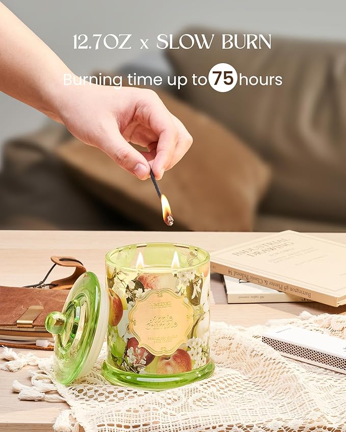 M&SENSE Apple Crumble Candles for Home Scented, Organic Soy Candles Non Toxic Soot-Free, 12.7oz Large Jar Candle 75 Hours Long Lasting Slow Burning, Strong Scented Housewarming Candle Gift