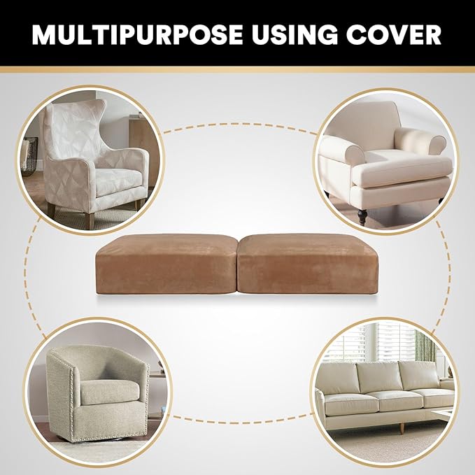 PrinceDeco Velvet Couch Cushion Cover Soft Stretch Cushion Slipcover for Chair Loveseat Sofa Cushion Furniture Protector Seat Cushion Sofa Cover (2 Piece Large Sofa Cushion Covers, Camel)