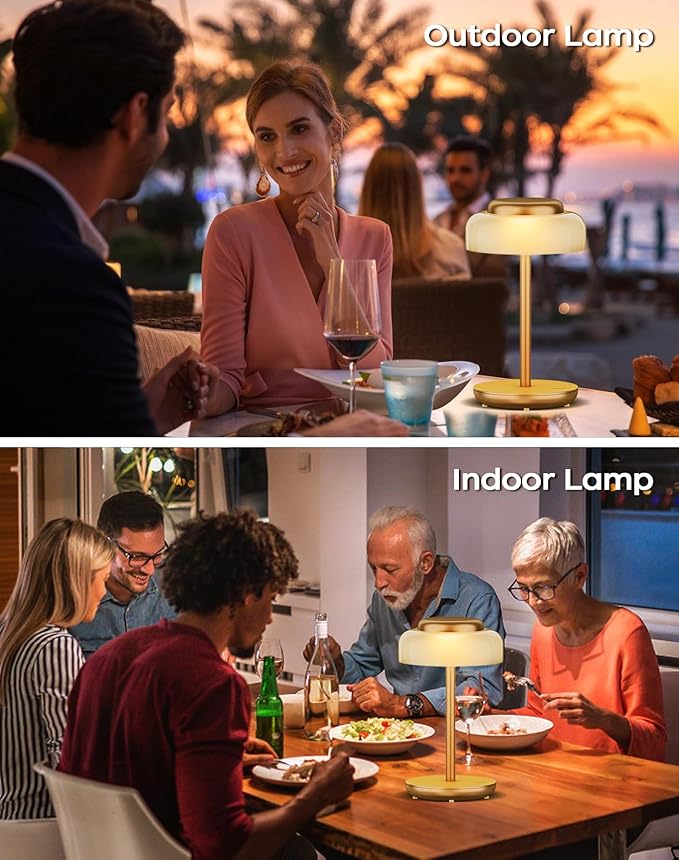 QiMH Battery Operated LED Table Lamp, 5000mAh Rechargeable Cordless Lamp, Stepless Dimmable Touch Control, Small Waterproof Desk Night Light for Living Room, Bedroom, Outdoor Bar (Gold)