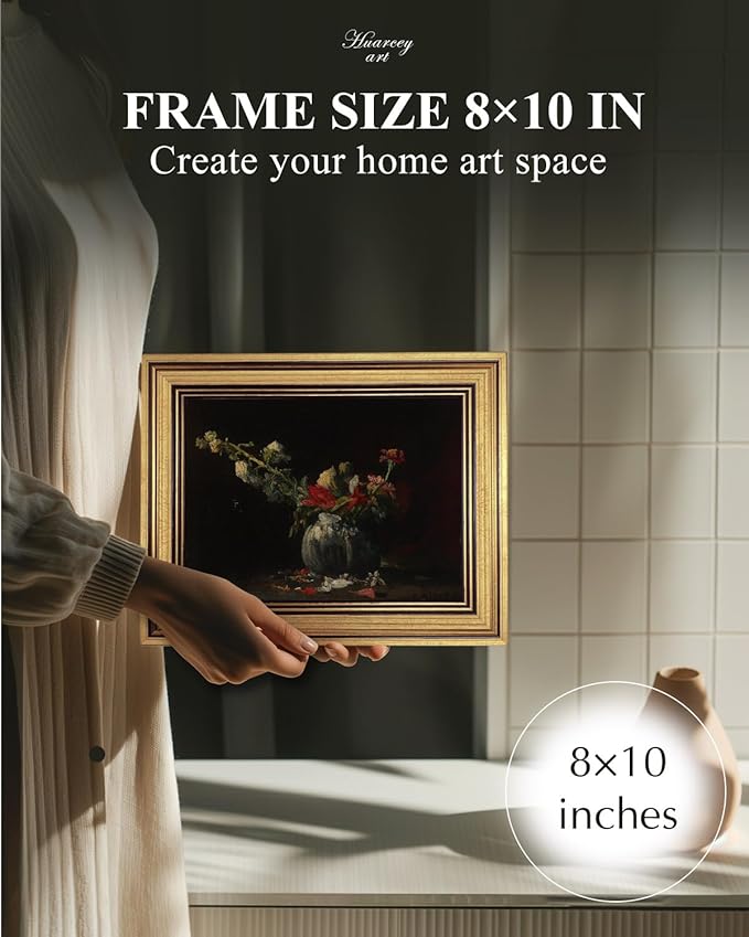 HUARCEY Gold Framed Vintage Wall Art for Living Room, Flowers Painting Prints Shelf Decor for Kitchen, Aesthetic Bedroom Wall Art, Autumn Gifts for Friends or Family - Fading 10L x 8W