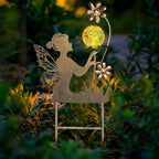HONGLAND Solar Garden Lights Outdoor Decor, Fairy Figurine Moon Crackle Glass Lights Stake, Housewarming Ornament for Patio, Lawn, Yard, Pathway - Unique Gardening Gifts for Women Mom Grandma